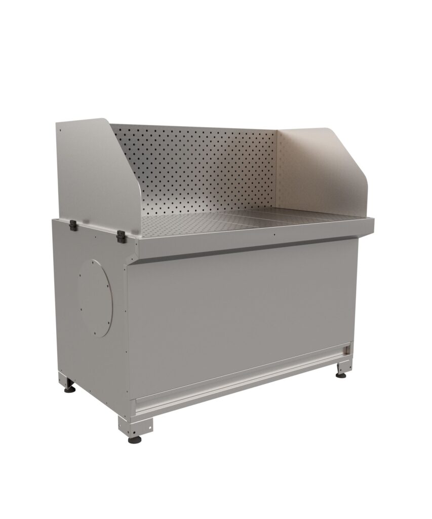 Extraction bench with side screens for local capture at a fixed work position