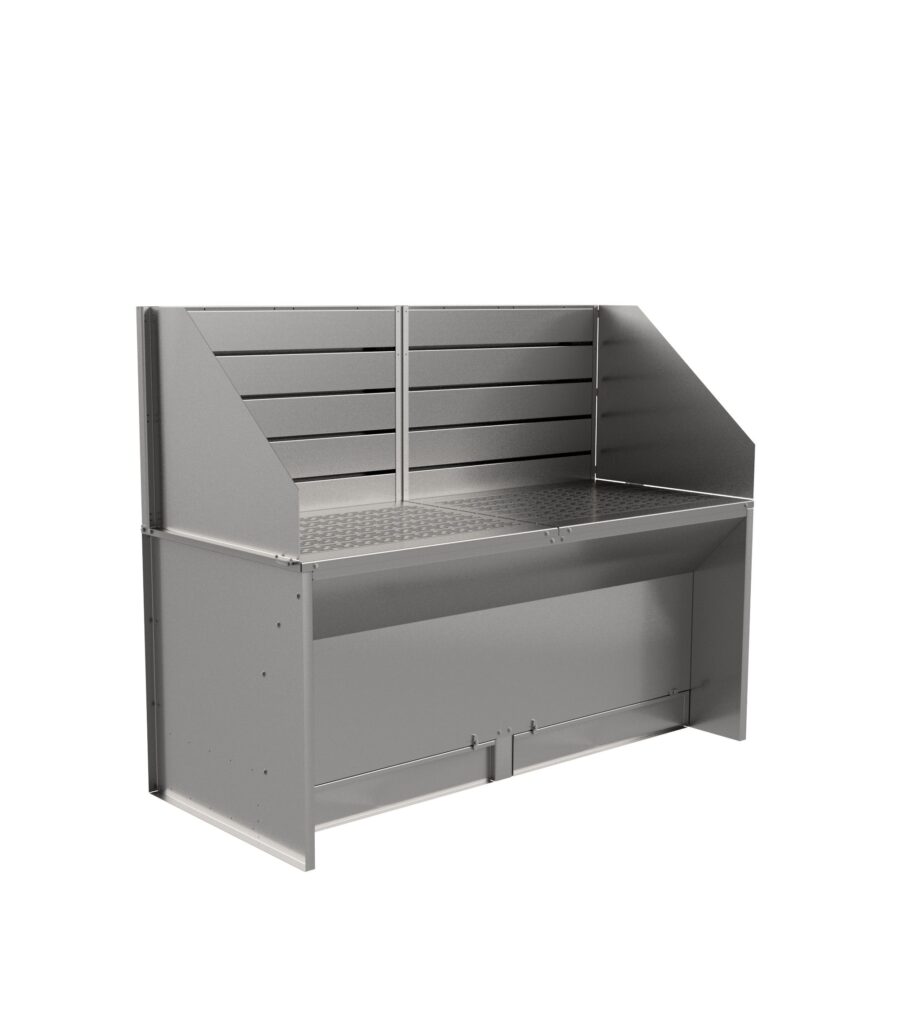 Extraction workbench with a back panel for bench-type source extraction of fine MDF dust