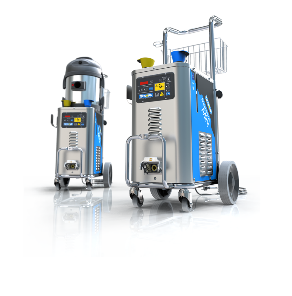 Two TECNOVAP Steam Box Mini dry steam generators on wheeled stainless steel frames