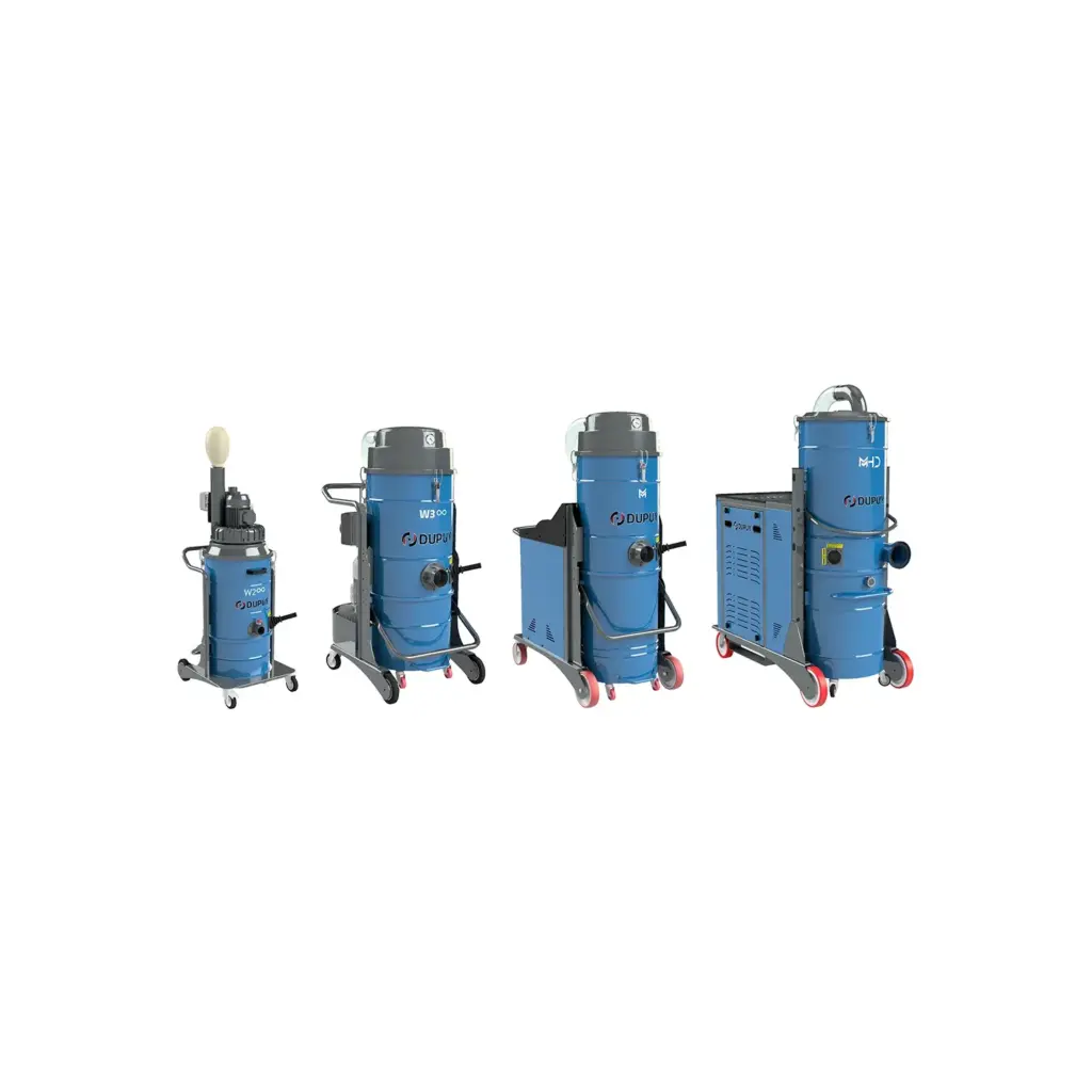 Four DUPUY three-phase industrial vacuums of different sizes lined up on a white background